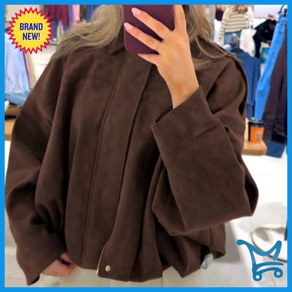 Faux Suede Bomber Jacket Lightweight Oversized Batwing Sleeves Chic Streetwear - Picture 3 of 7